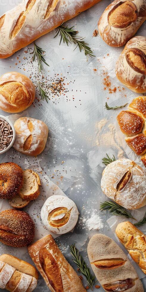 Freshly baked artisan bread displayed on a marble surface photo