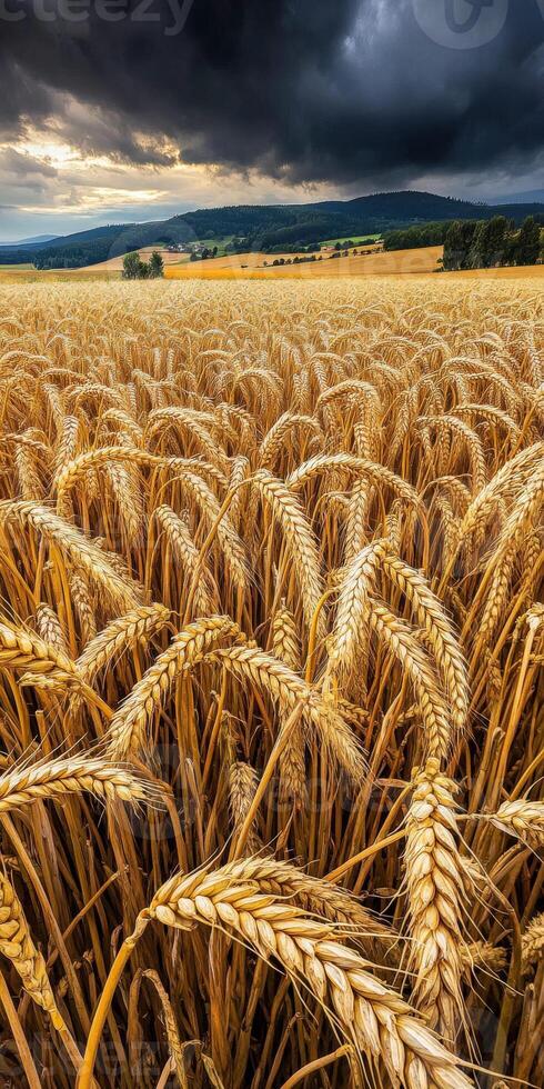 Wheat field under dark clouds in the late afternoon light photo