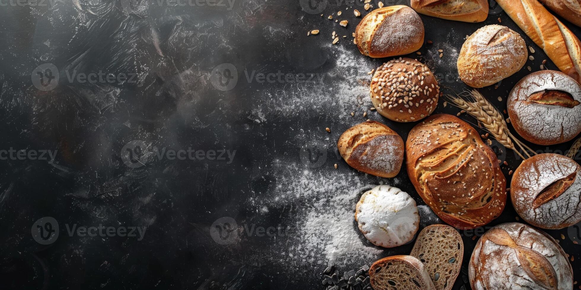 Freshly baked bread assortment on dark background with space for text photo