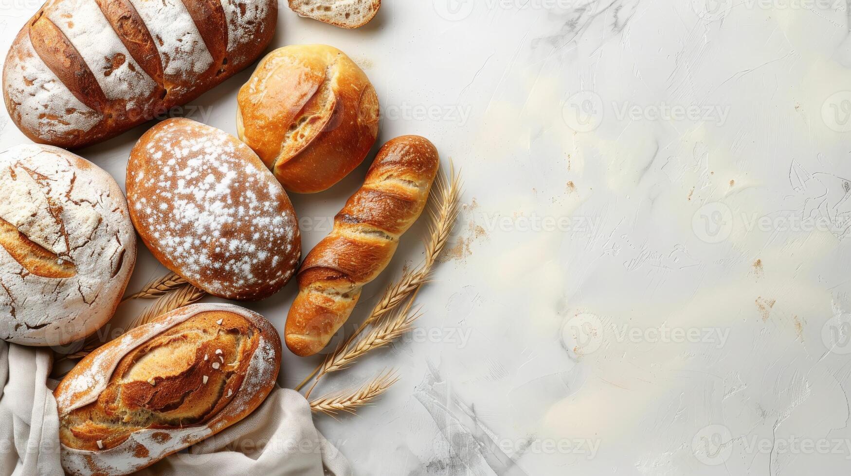 Freshly baked artisan bread with a rustic backdrop and copy space photo