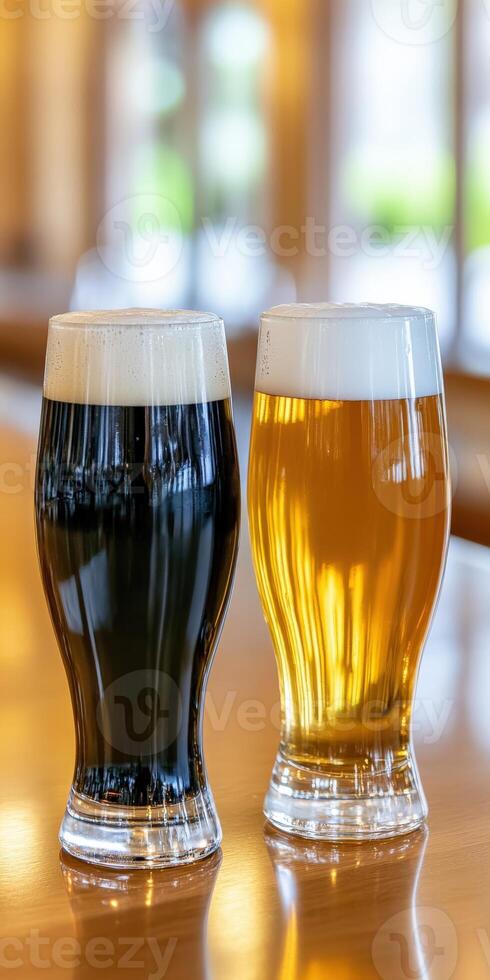 Two glasses of dark and light beer on a wooden bar counter photo