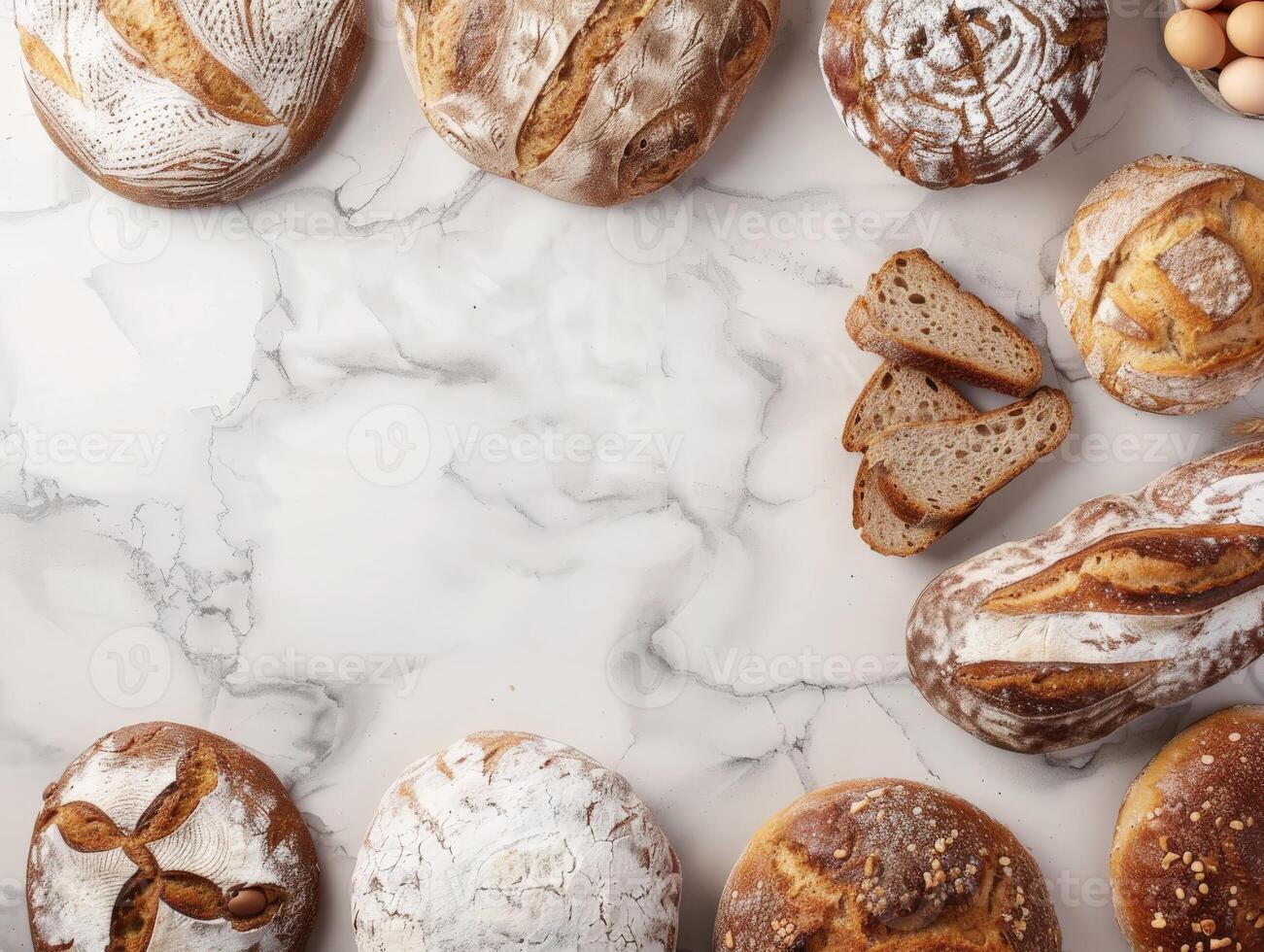 Freshly baked artisanal bread on a marble countertop with copy space photo