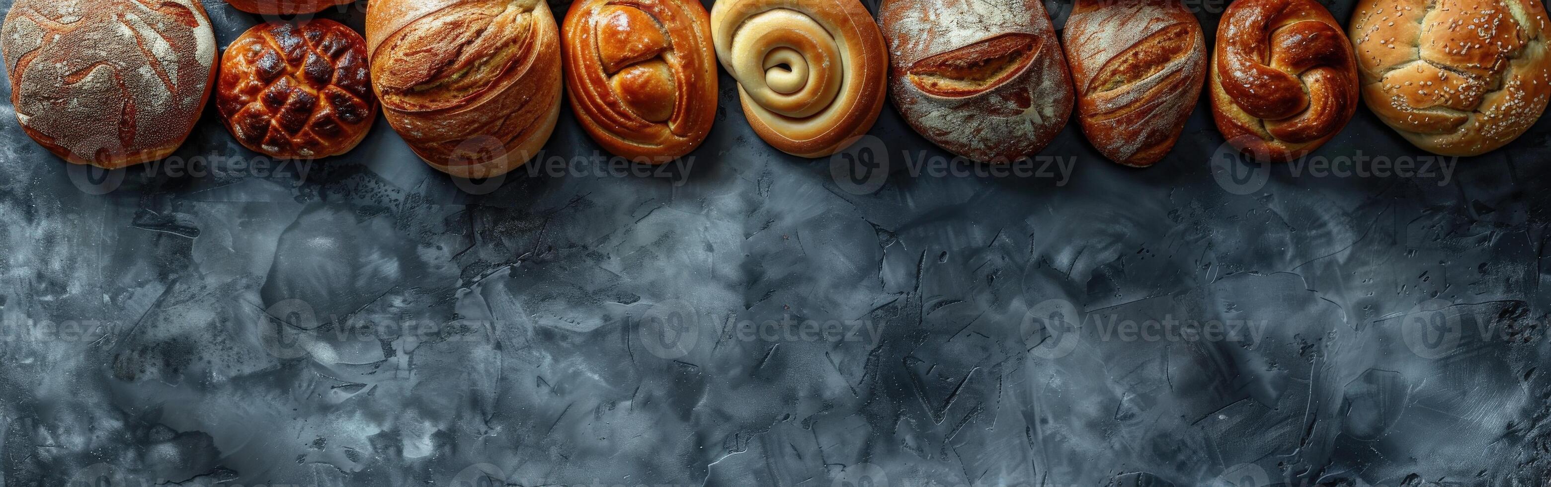 Freshly baked artisan bread on a dark countertop with copy space photo
