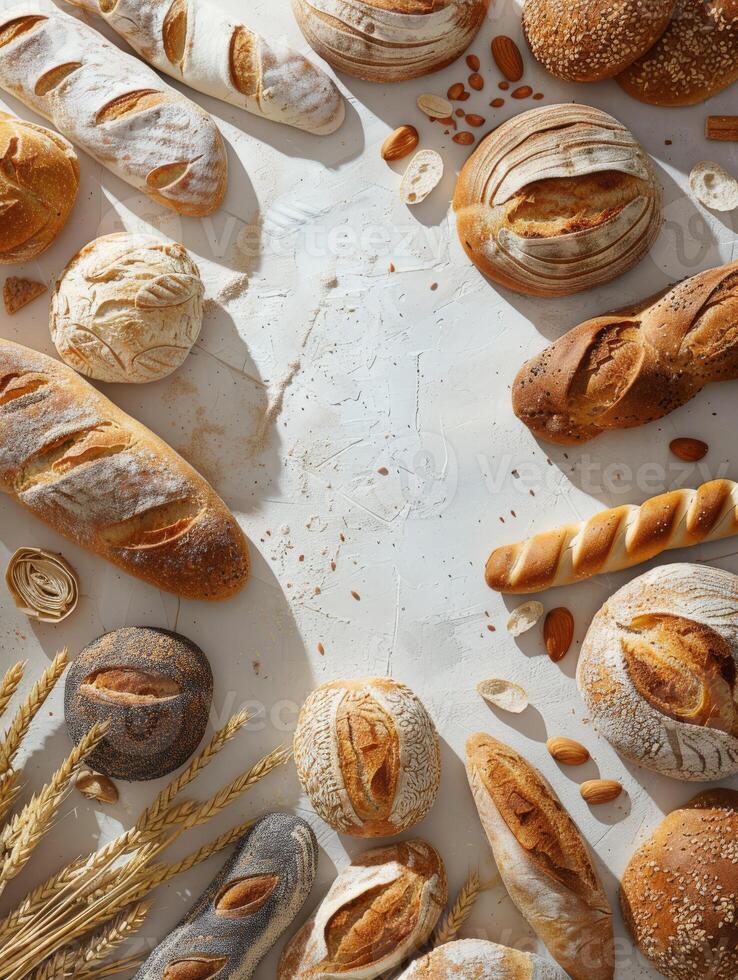 Freshly baked bread assortment on a table with copy space photo