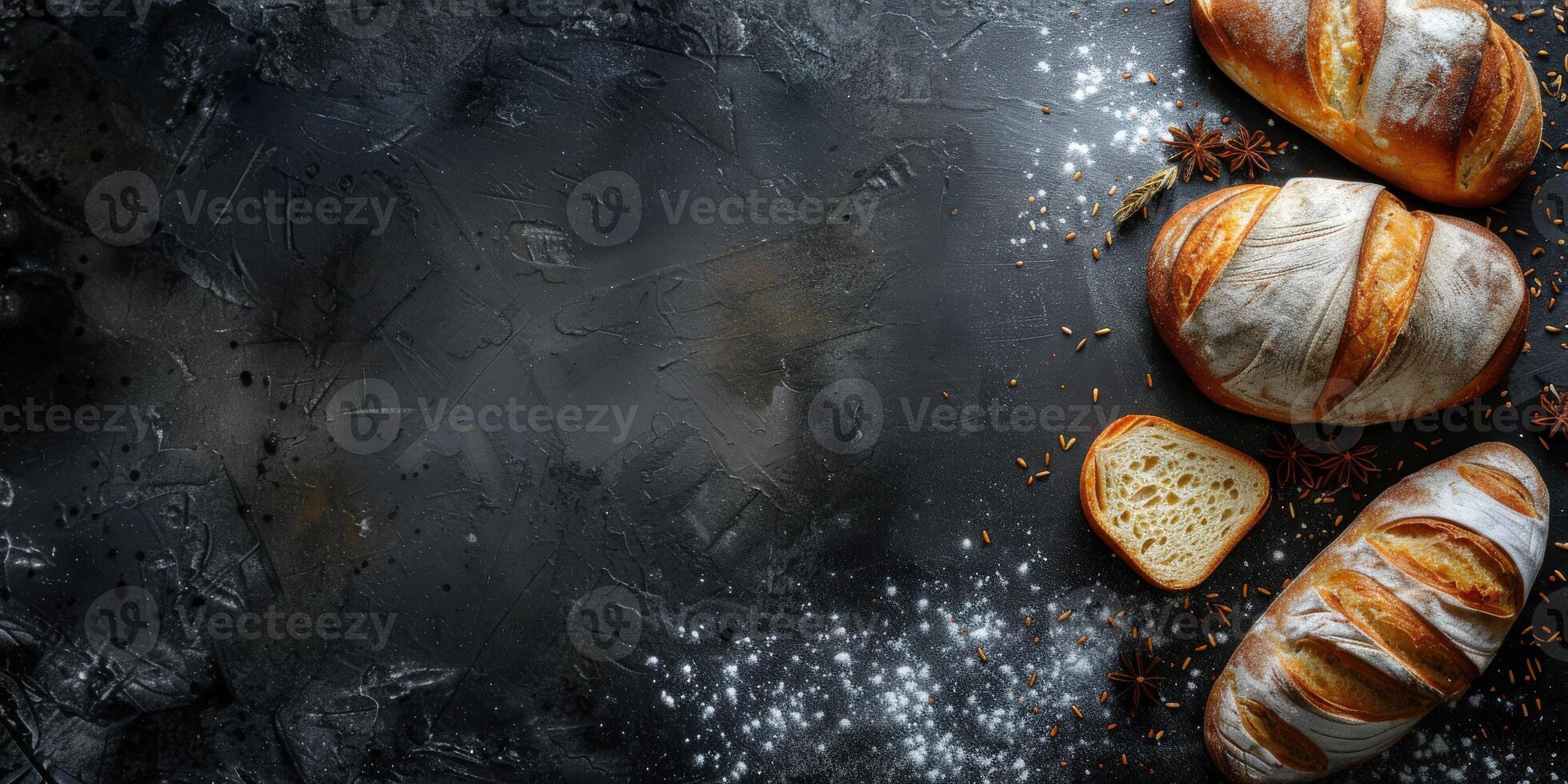 Freshly baked artisan bread on a dark rustic surface photo