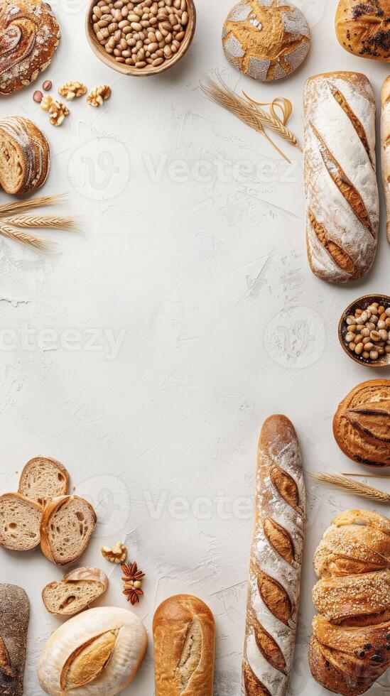 Freshly baked bread surrounded by grains and nuts on a light backdrop photo