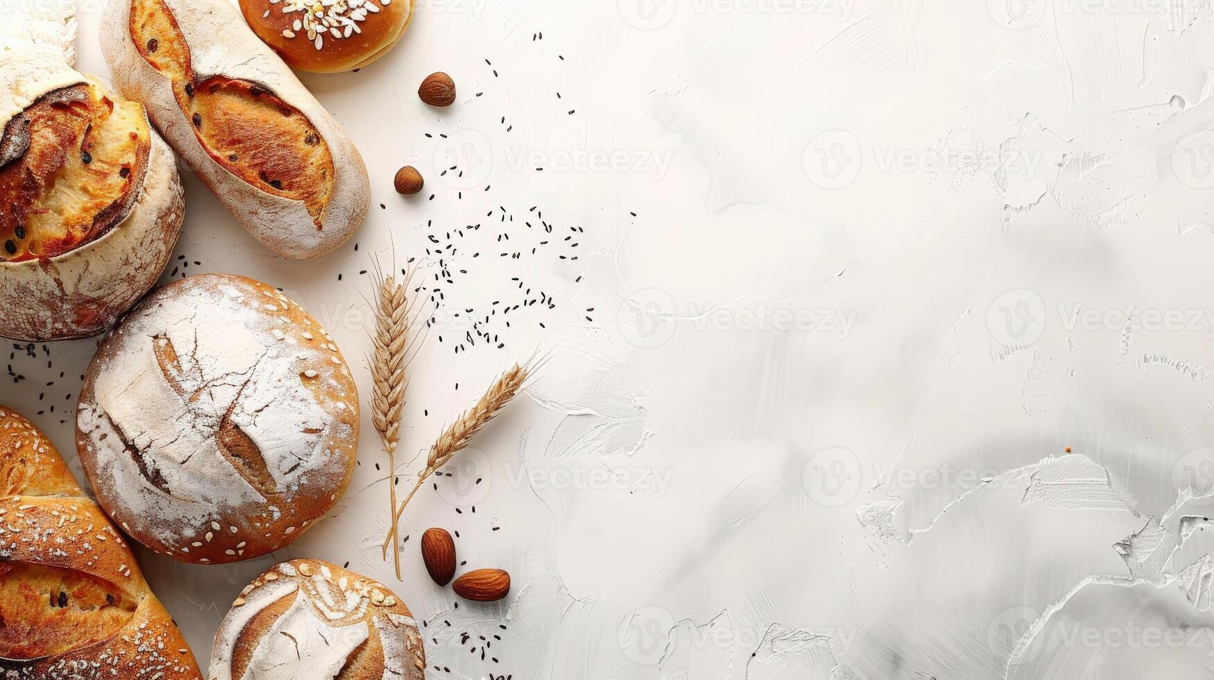 Freshly baked artisan bread on a textured background with copy space photo
