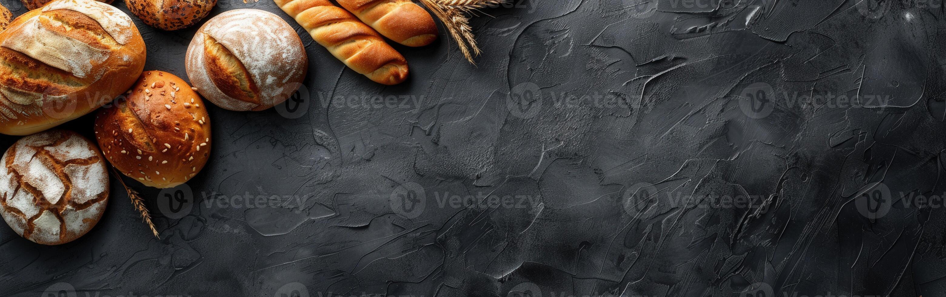 Freshly baked variety of artisan bread on dark textured surface photo