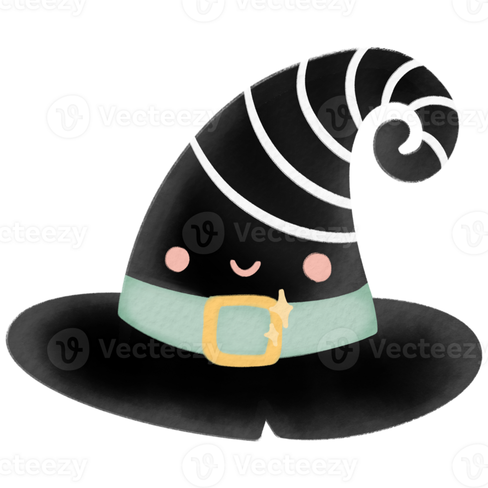 Watercolor illustration of a cute black witch hat with white stripes and a smiling face png