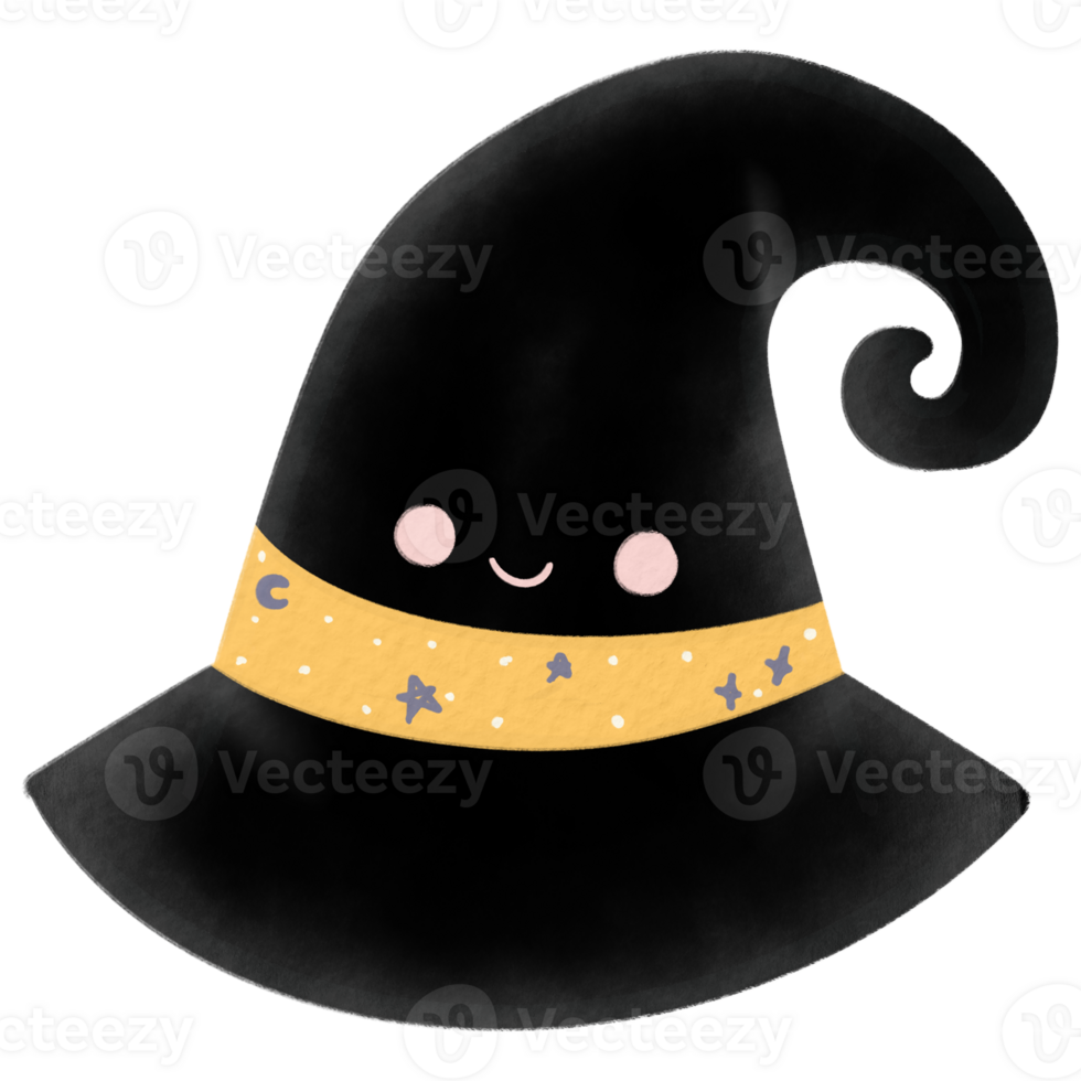 Watercolor illustration of a cheerful black witch hat with a yellow starry band and a joyful face png