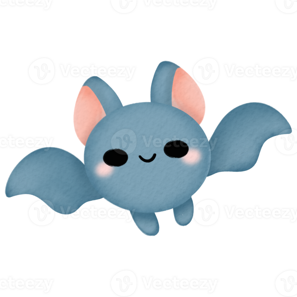 Watercolor illustration of a cute blue bat with a smiling face and a whimsical design png