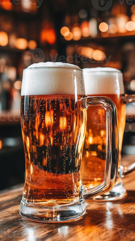 Enjoying beer mugs with foam on a wooden bar table at a lively pub photo