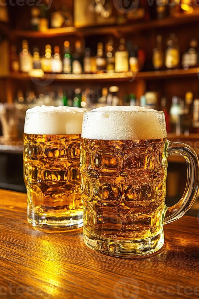 Beer mugs filled with foam on a wooden table in a cozy bar photo