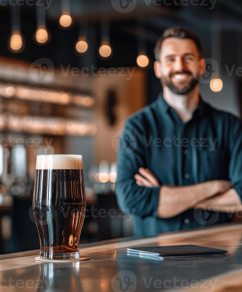 Two glasses of dark and light beer on a bar counter at a brewery photo