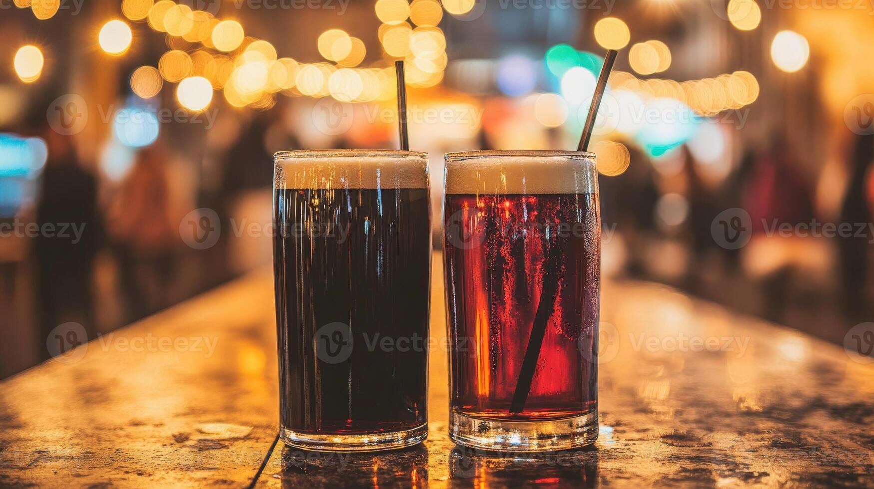 Two glasses of dark and light beer on a bar counter during the evening photo