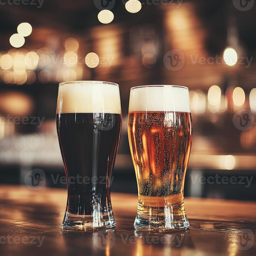 Two glasses of dark and light beer on a bar counter in a lively pub photo