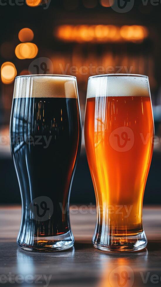 Glasses of dark and light beer on bar counter with warm ambiance photo
