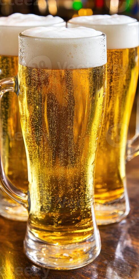 Beer mugs filled with golden brew and foam on a wooden bar table photo