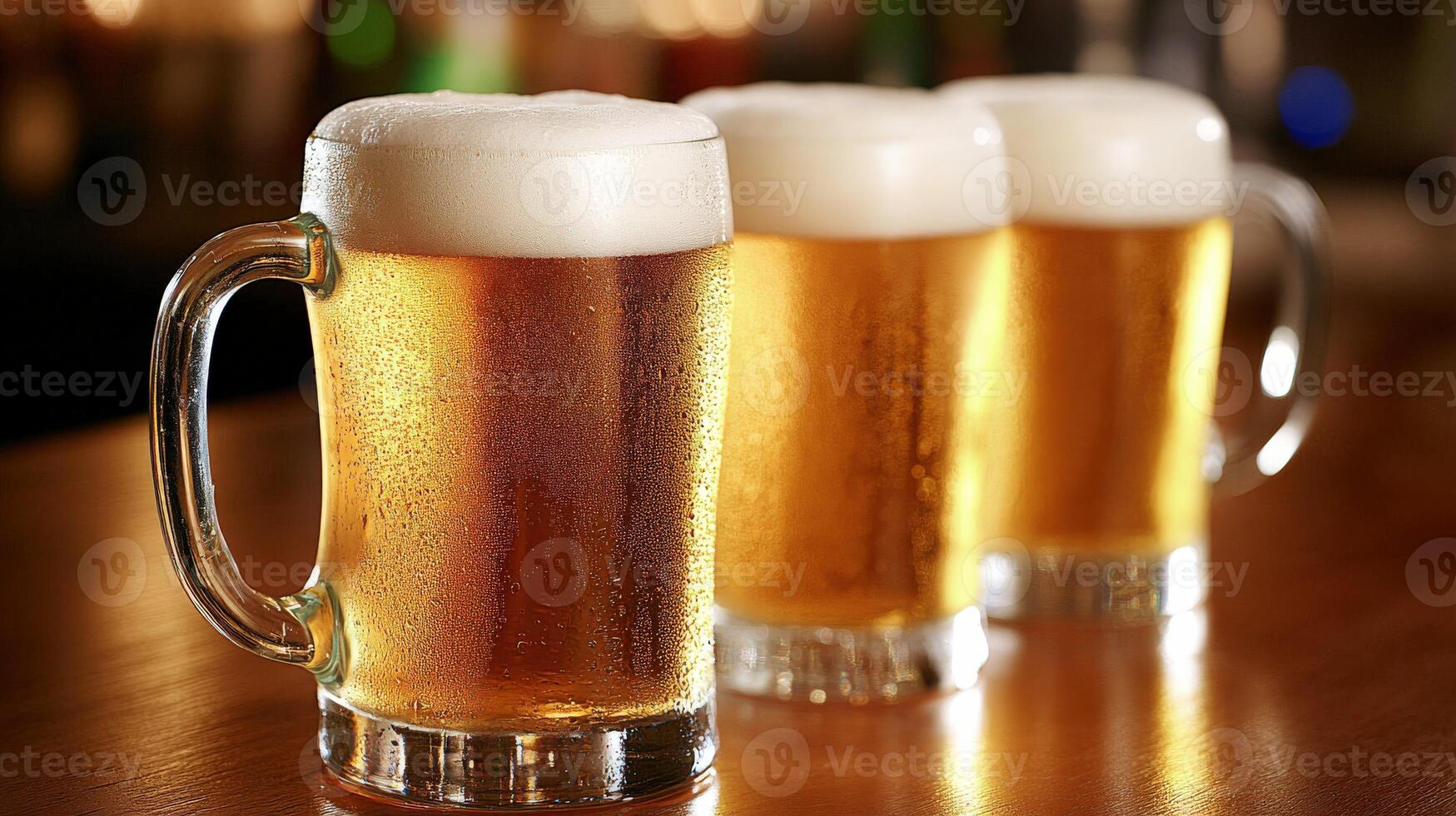 Three frothy beer mugs on a bar table during an evening gathering photo