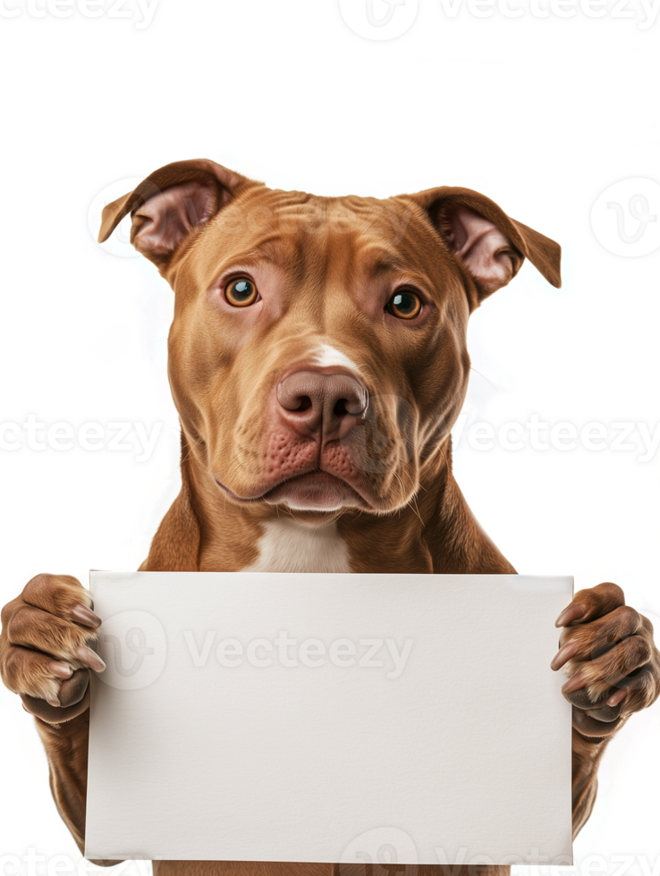 American Pit Bull Terrier dog on a background of isolated white holds a rectangular piece of paper in its paws png