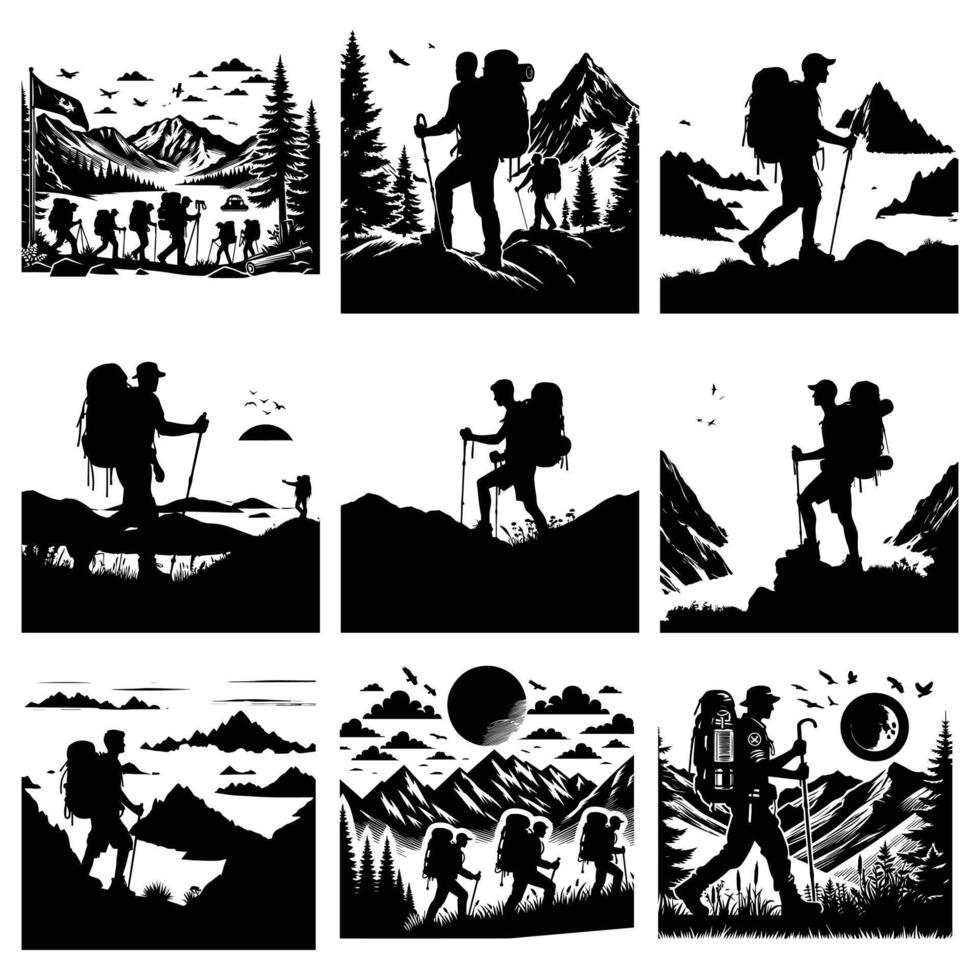 Hike man silhouette stock illustration Bundle, in silhouette, Adventure lover graphic design, Adventure Hike man , Hike silhouette vector