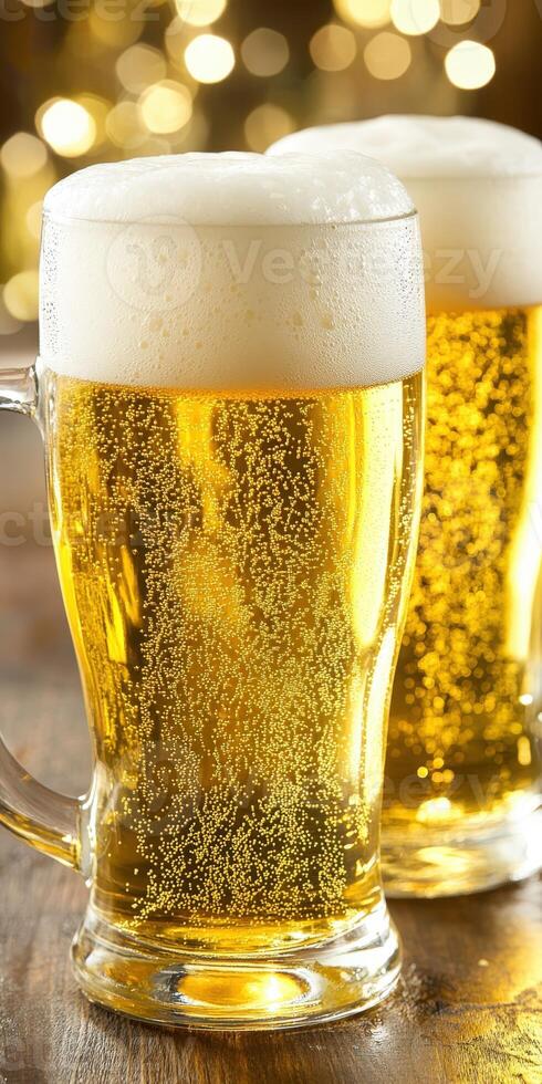 Beer mugs filled with golden brew on a rustic wooden bar table photo