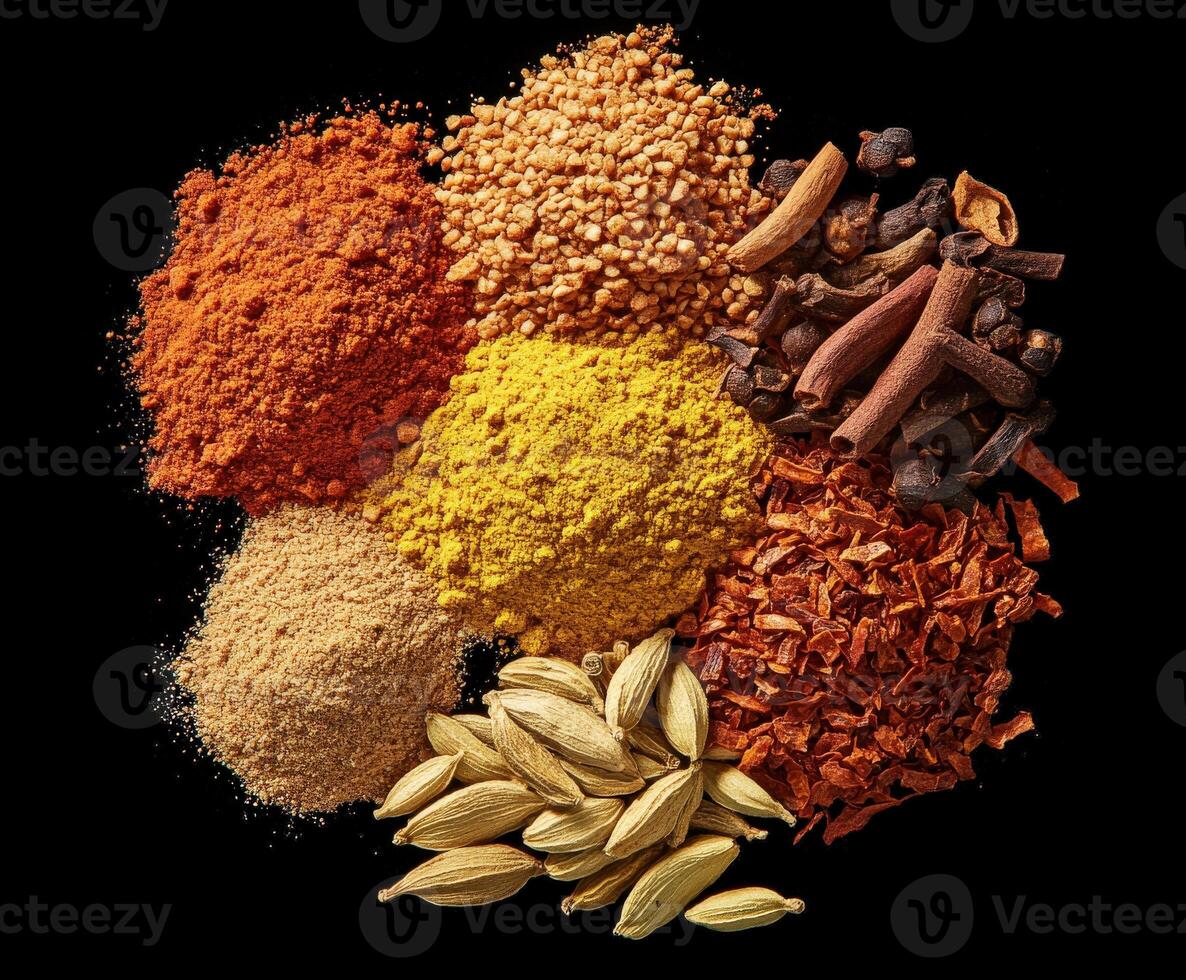 Assorted Indian spices arranged in a circular pattern on a dark surface photo