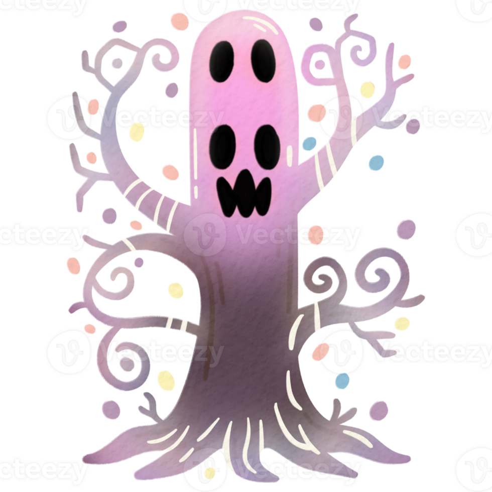 Watercolor illustration of a spooky haunted tree with ghostly features and swirling branches png