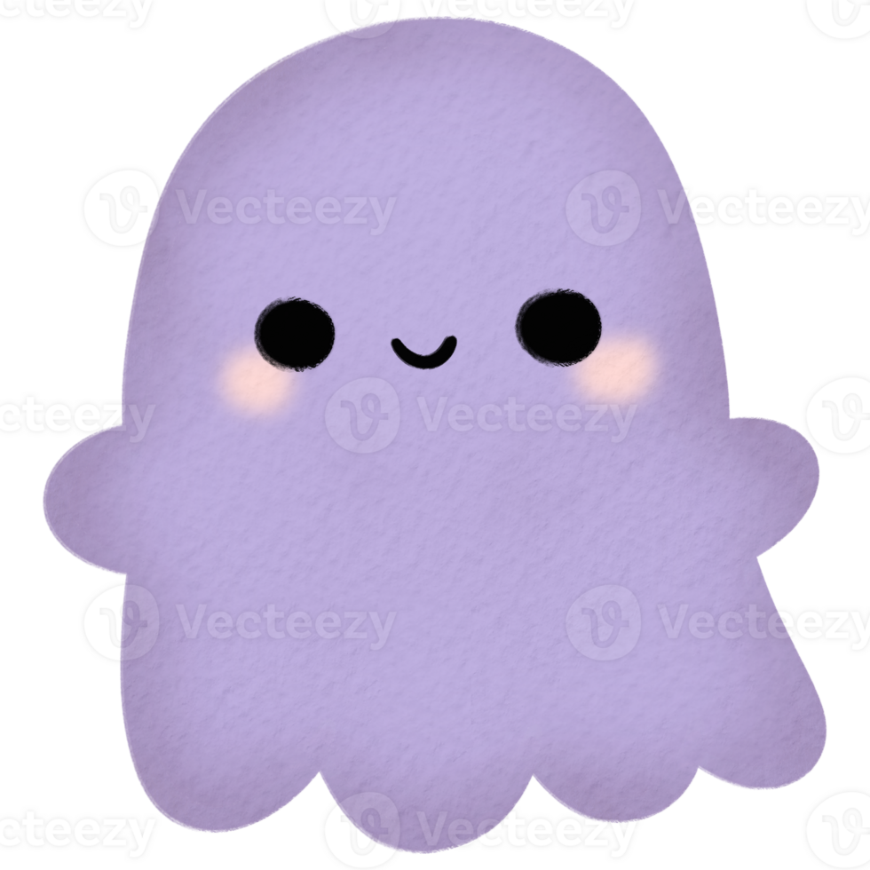Watercolor illustration of a single adorable purple ghost with a cheerful expression png