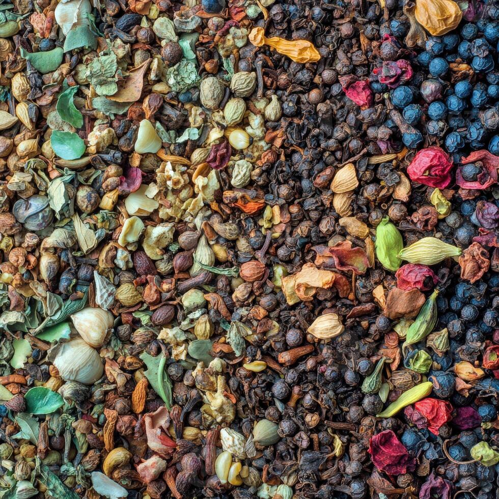 Colorful array of Indian spices at a market stall in the morning photo