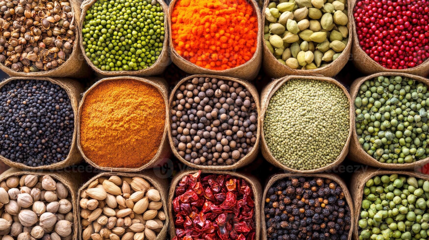 Vibrant array of Indian spices displayed in burlap sacks at market photo
