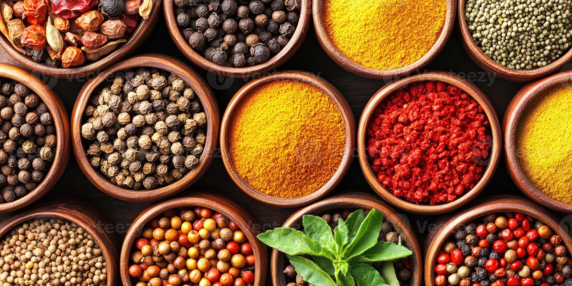 A colorful array of Indian spices in wooden bowls on a dark surface photo