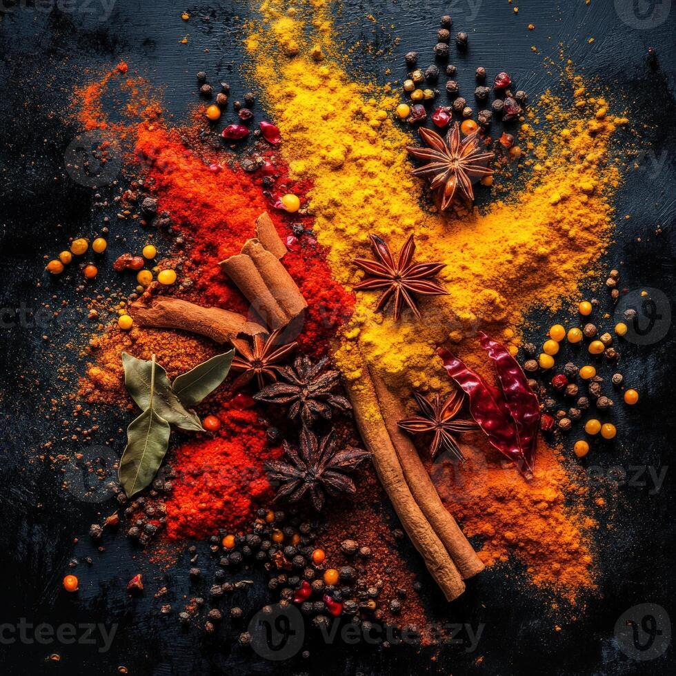 Colorful array of Indian spices spread on a dark surface photo
