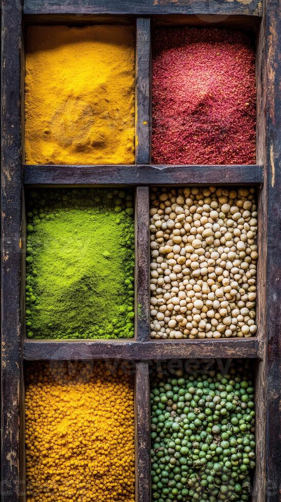 Assorted Indian spices arranged in a wooden spice box photo