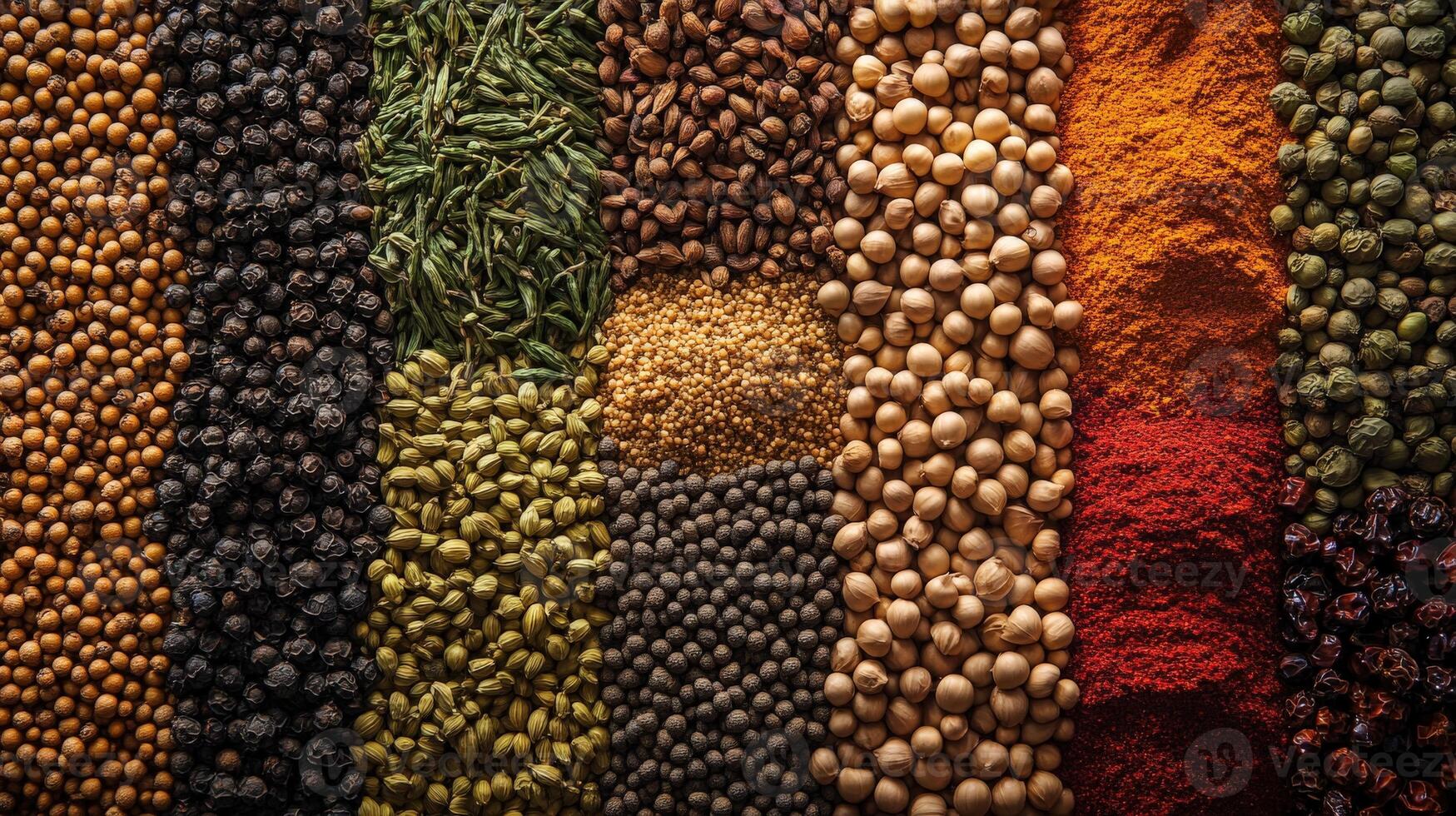 Colorful display of various Indian spices and herbs on a wooden surface photo