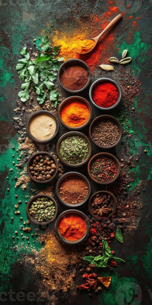 Assorted Indian spices in traditional bowls on a rustic surface photo