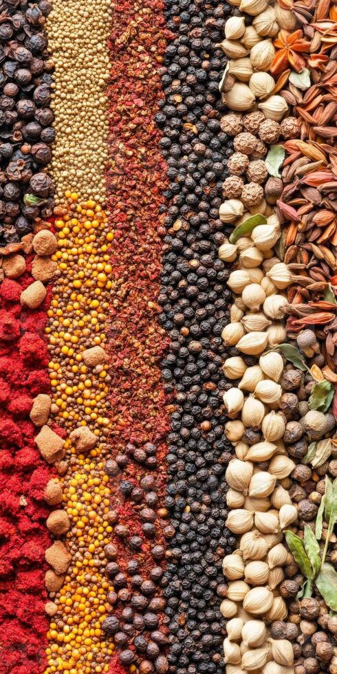 Variety of Indian spices arranged in colorful patterns on a surface photo