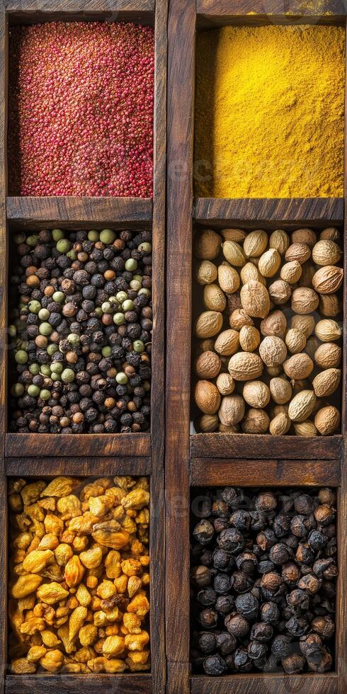 Colorful assortment of Indian spices arranged in wooden boxes photo
