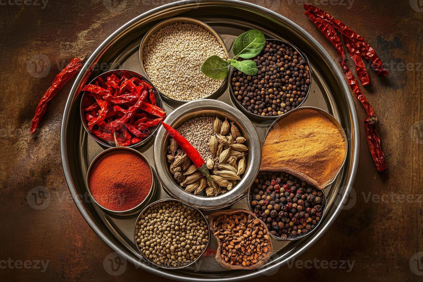 Assorted Indian spices arranged in a traditional spice plate photo