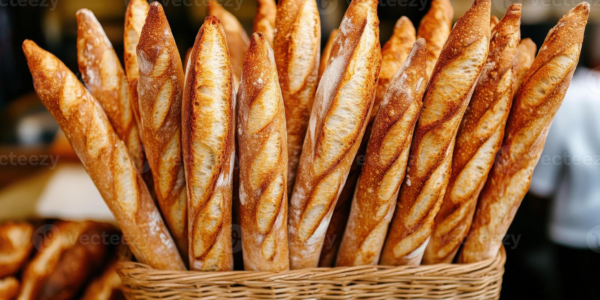 Freshly baked baguettes in a wicker basket at a bakery photo