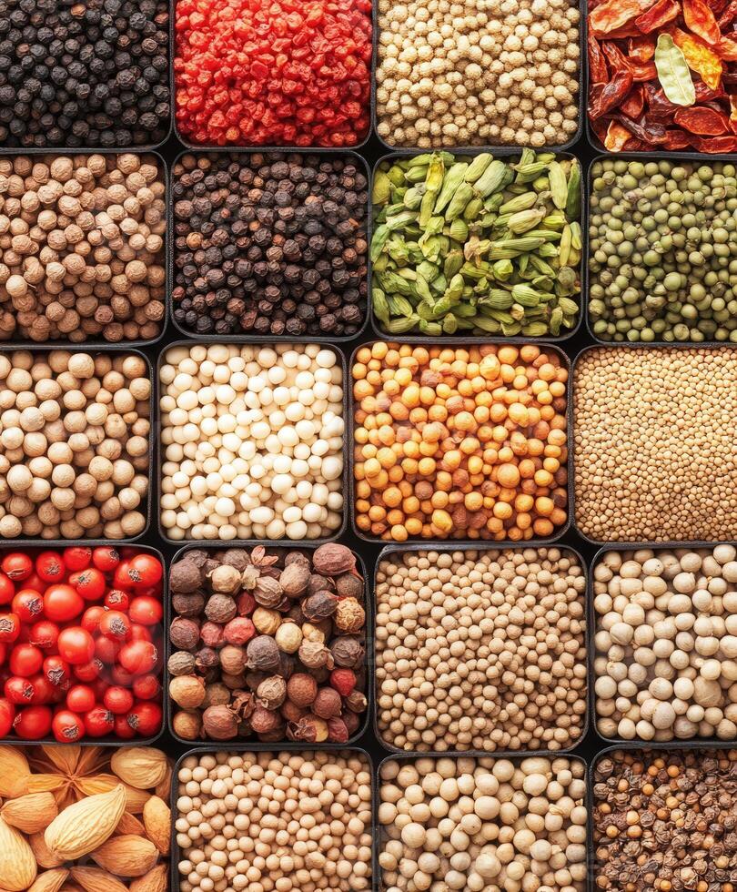 Diverse array of spices displayed in various containers in an Indian market photo