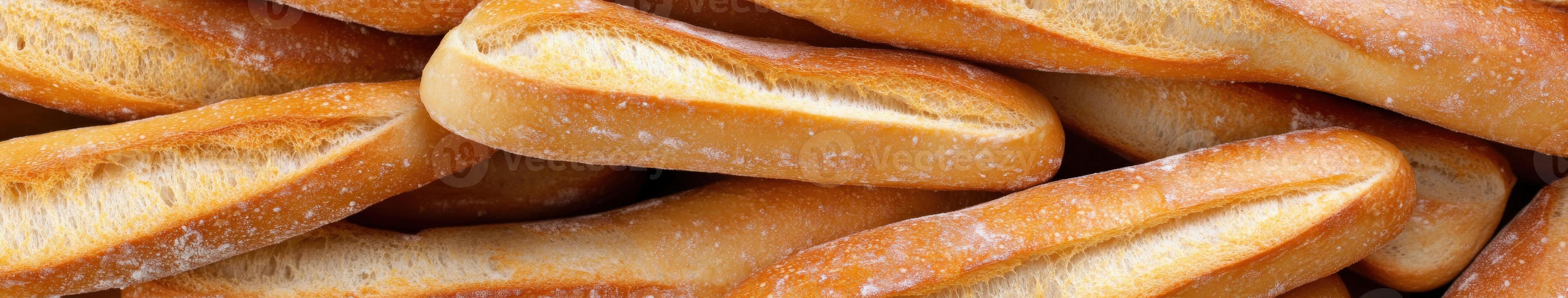 Freshly baked baguettes cooling on a wooden surface in a bakery photo