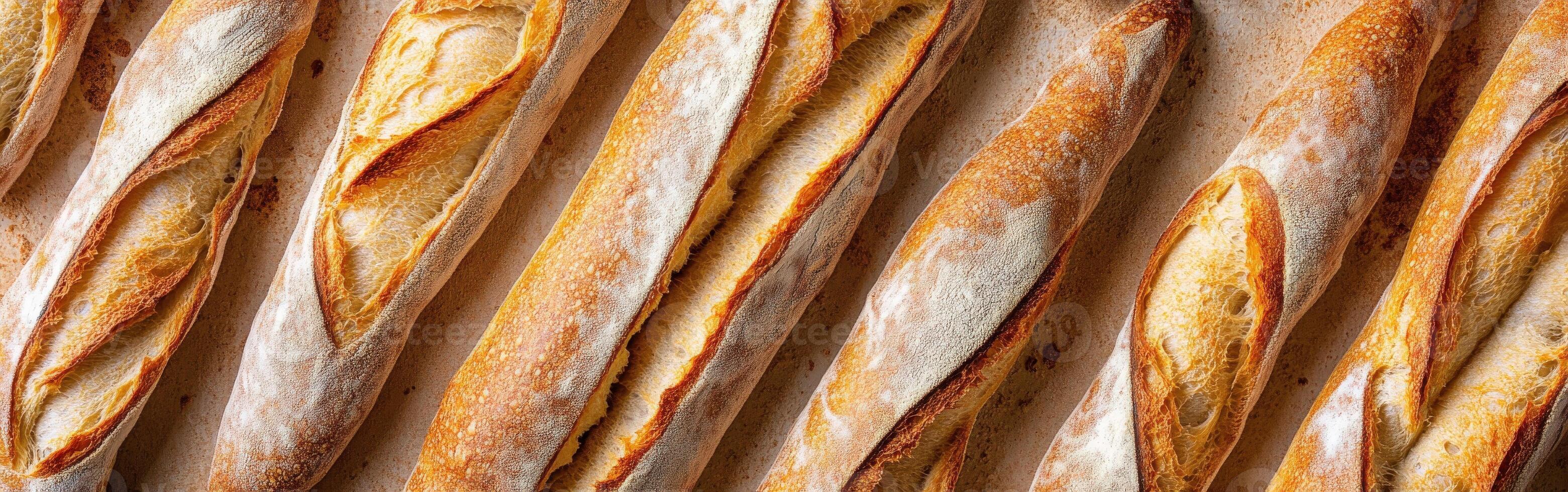 Freshly baked baguettes cooling on a countertop in a bakery kitchen photo