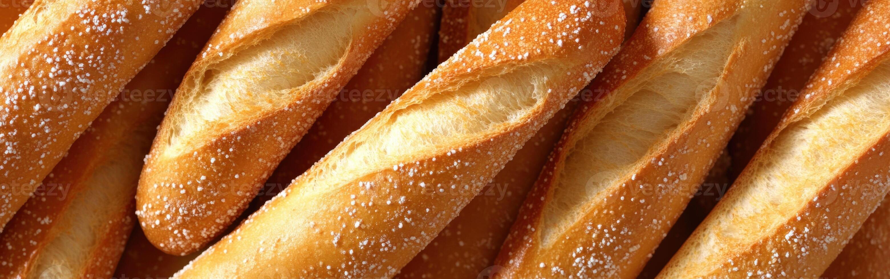 Freshly baked breadsticks dusted with flour on a wooden surface photo