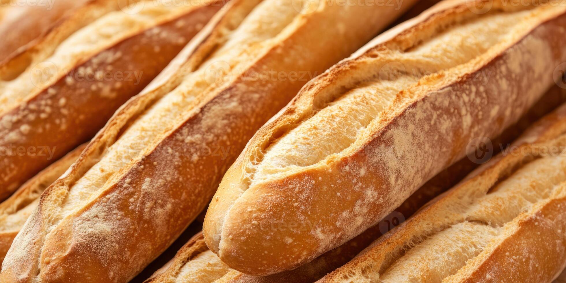 Freshly baked baguettes stacked at a local bakery photo