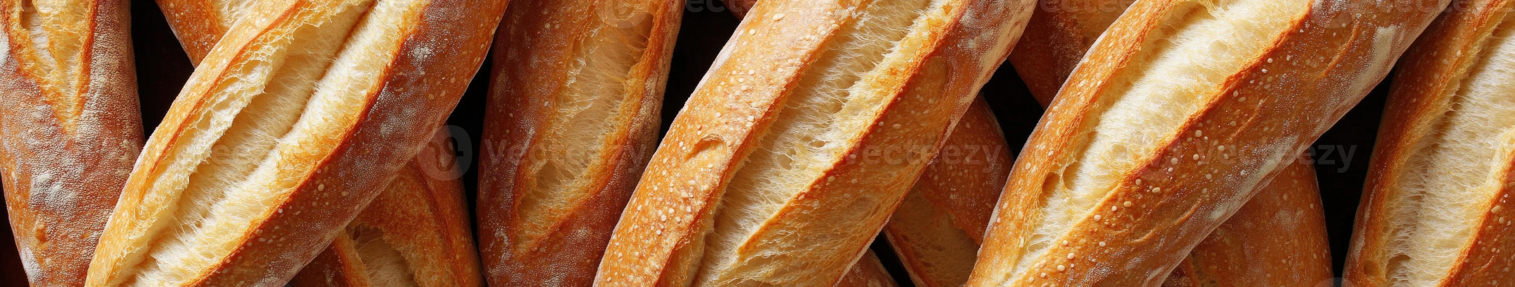 Freshly baked baguettes arranged on a wooden surface photo