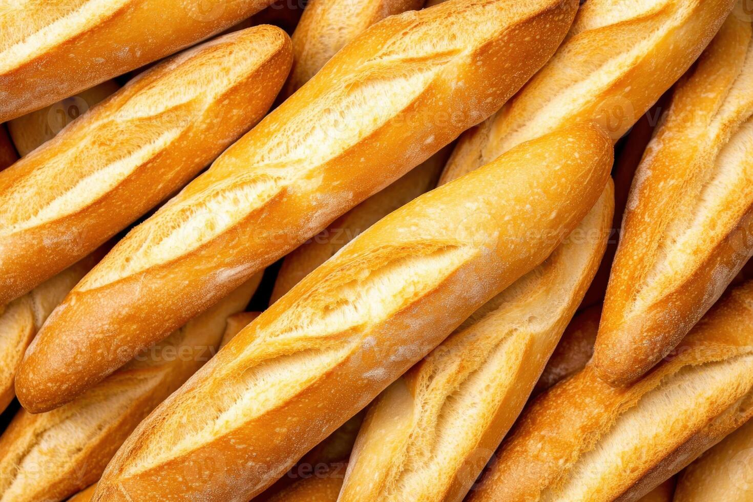 Freshly baked baguettes stacked in a bakery display photo