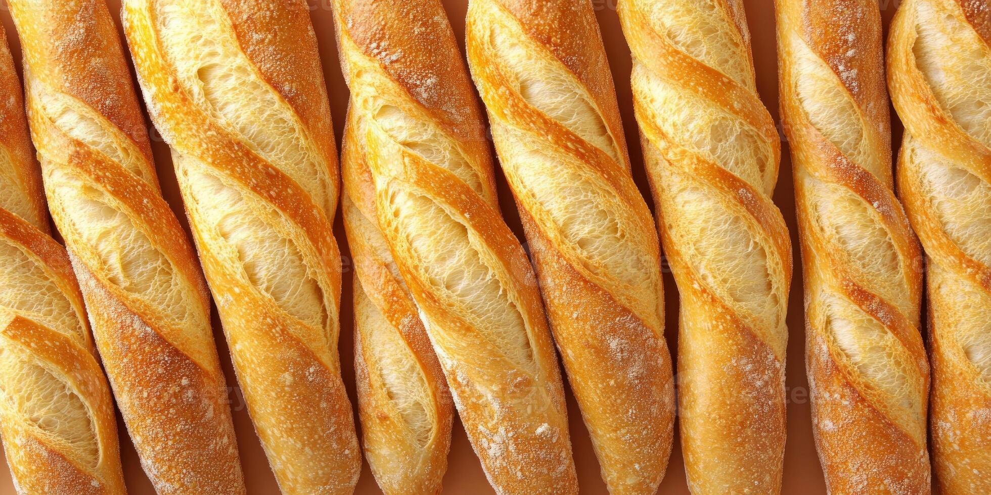 Freshly baked baguettes arranged in a line on a wooden surface photo