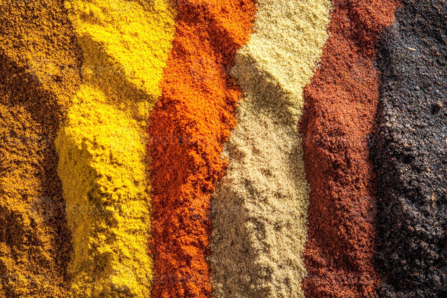 Vibrant display of colorful Indian spices in a market setting photo