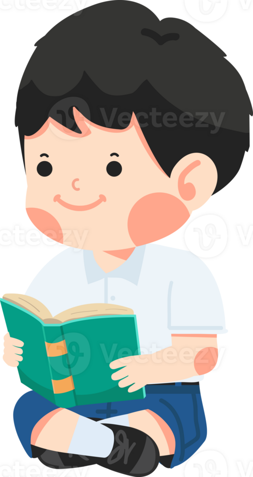 Happy kid sitting and reading a book png